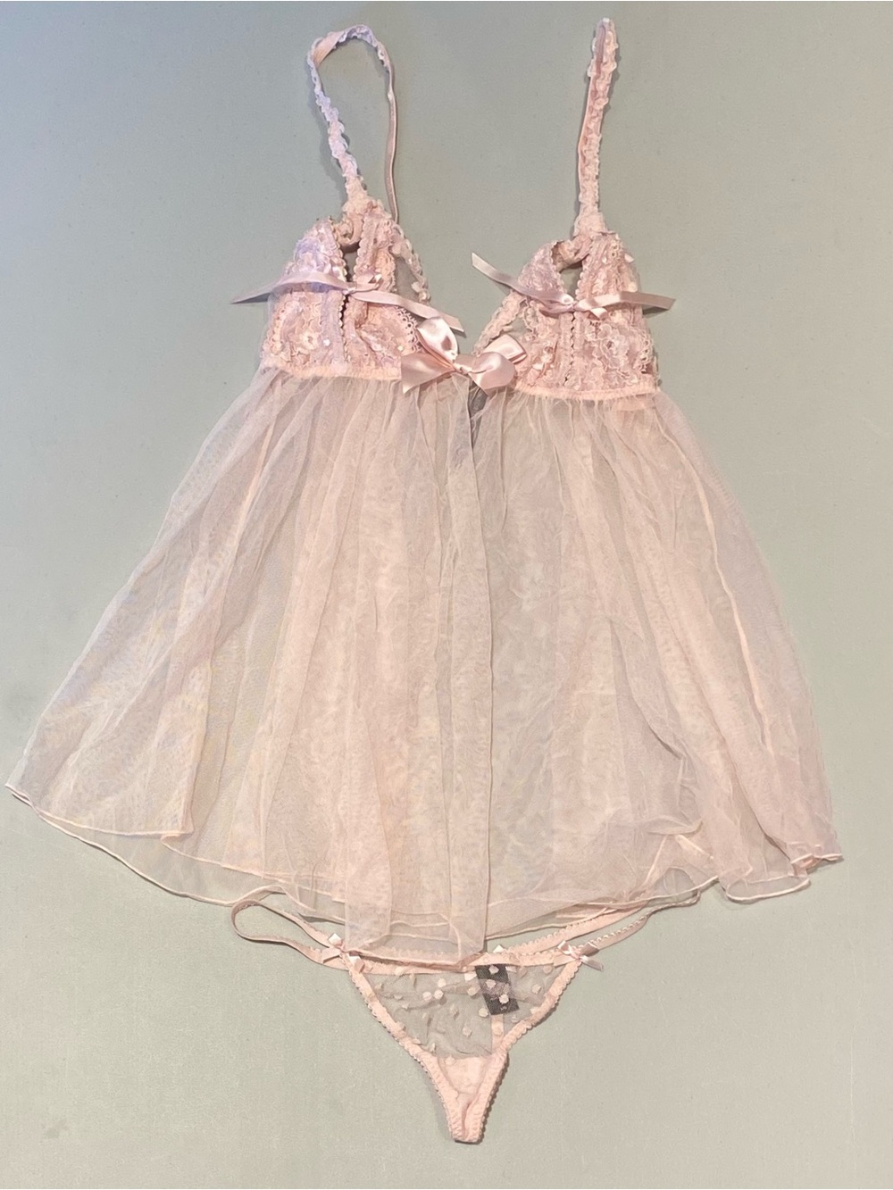 Victoria's Secret Pale Pink Sheer Lace Babydoll with Thong
